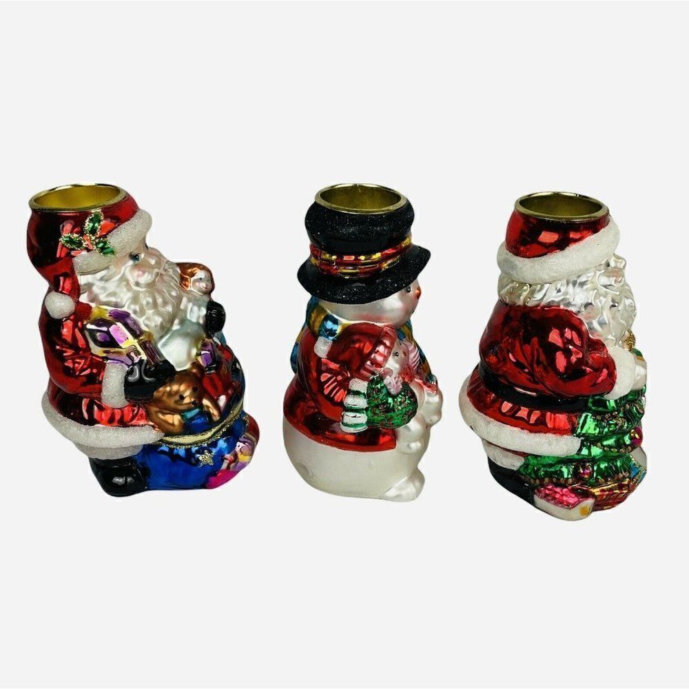 Traditions Blown Glass Christmas Tea Light Candle Holder Set of 3 Santa Snowman - Picture 3 of 12